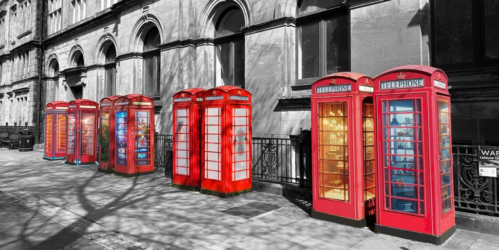 Row of red phone boxes Row of red phone boxes