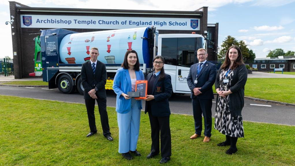 Danikah in front of the Rotopress and staff members of Preston City Council and Archbishop Temple High School Danikah in front of the Rotopress and staff members of Preston City Council and Archbishop Temple High School