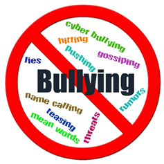 A sign with a red cross through it with the words No bullying.