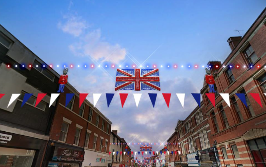 CGI of Platinum Jubilee Aerial Instillation A Computer generated image of the Platinum Jubilee aerial instillation on Friargate